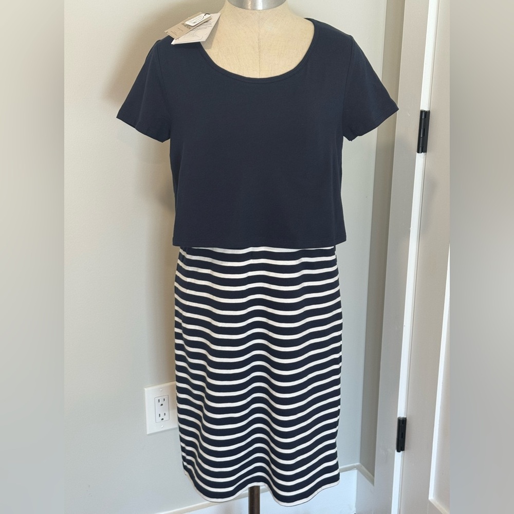 Nursing Dress Organic Fabric Navy Blue White Striped Midi Dress New w/ Tags